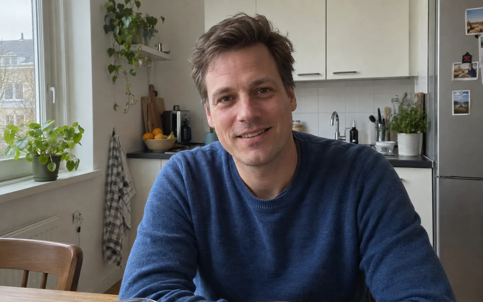 A man in a blue jumper at a kitchen table