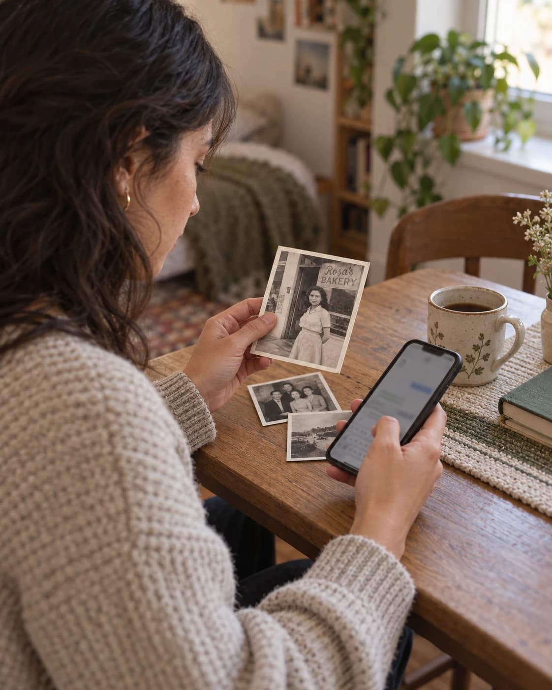 A granddaughter at home looks at an old photograph of Rosa outside her bakery while composing a question on her phone.