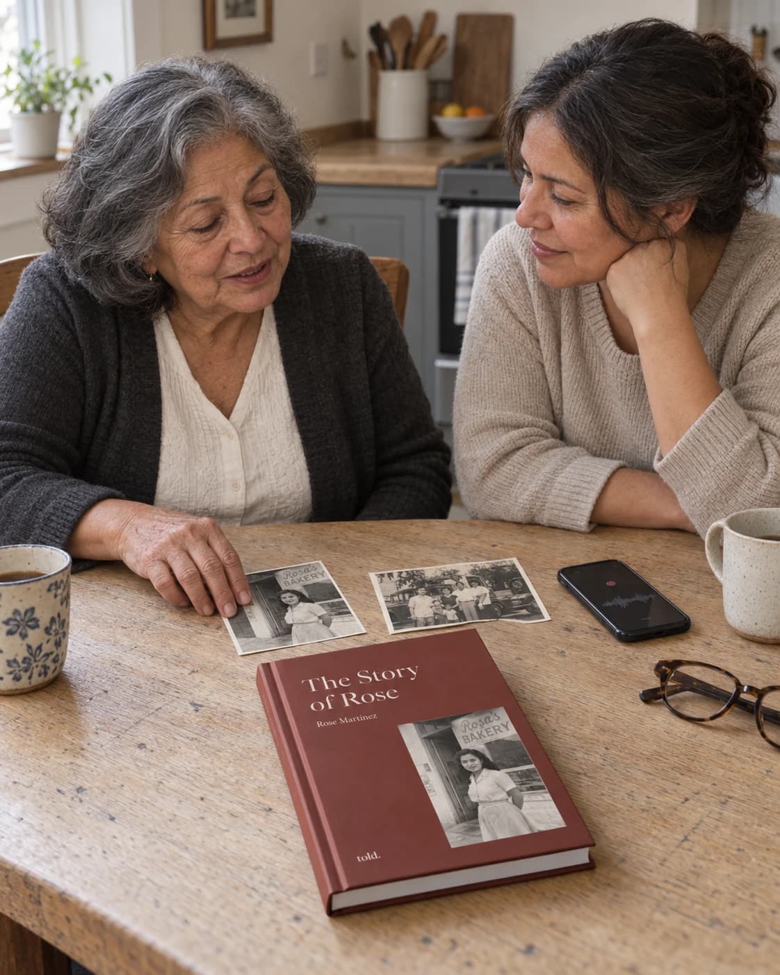 Rosa and her daughter at the kitchen table with old photographs, a phone recording, and the finished told book beside them.