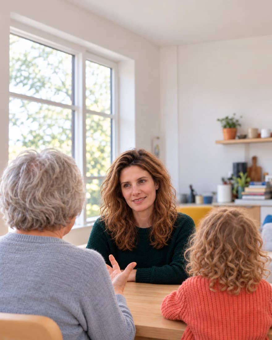 Eva, Told's founder, talking with her mother and daughter at home; her mother and daughter are seen from behind.