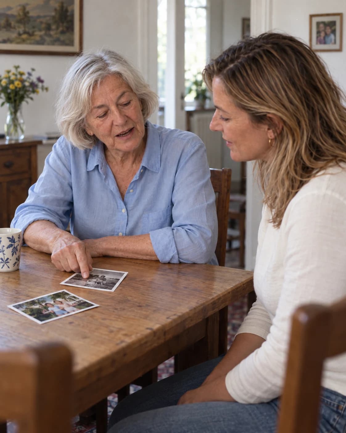 Rosa tells a story to her adult daughter over old family photographs at home.